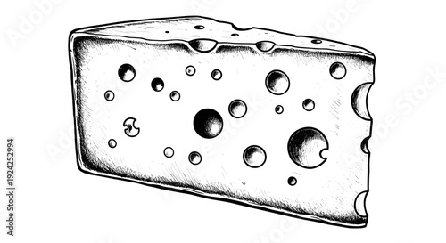 A detailed line art drawing of a wedge of Swiss cheese, showing its distinctive holes and texture