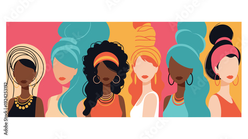 Portraits of diverse stylish women with colorful headscarves, jewelry, and creative hair styles in a row.