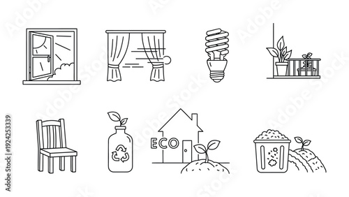 Eco-Friendly Home Elements: A collection of line art icons representing eco-conscious home elements, including energy-saving light bulb, house, recyclable bottle, window, curtain, chair and plants.