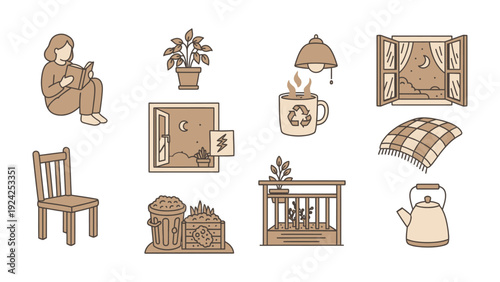 Cozy Home Elements: An illustrated assortment of comforting home elements evokes a sense of relaxation, featuring a person, potted plant, coffee mug, open window, and more. 