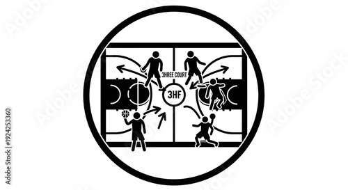 Intricate circular basketball court diagram showing multiple players engaged in a strategic three-court game or drill, on an isolated white background.