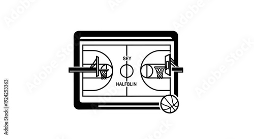 Half-court basketball diagram with basket, ball, and specific markings for a drill or game strategy, on an isolated white background.