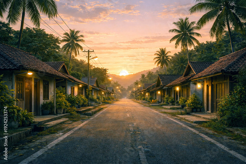 Peaceful Tropical Village Street at Sunset with Warm Golden Light