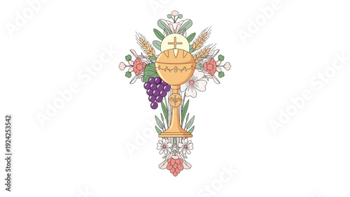 Christian religious cross decorated with floral patterns, wheat, grapes, and a golden chalice with holy host.