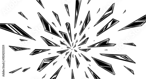 Abstract explosion of sharp geometric shapes, radiating outwards, dynamic, energetic, futuristic, isolated