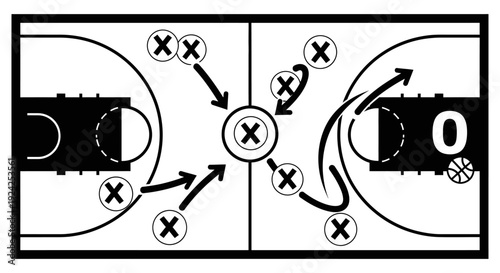 Basketball Court Strategy Diagram with Offensive Player Movement and Ball Passes in Bright Studio Background