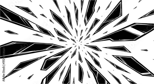 Abstract glass shatter pattern with exploding shards of black material radiating from center point background