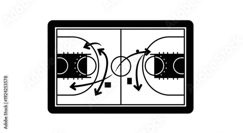 Basketball Court Diagram on a Strategic Planning Board, Illustrating Player Movements and Passing Routes