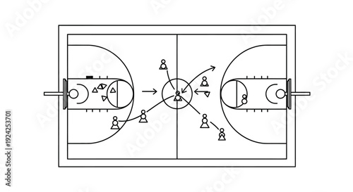 Basketball offensive strategy diagram illustrating player movements and ball positions on court, isolated white background.