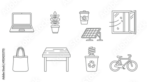 Eco-Conscious Elements: A minimalist array of icons representing essential elements for a sustainable lifestyle, promoting eco-friendly choices
