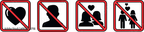 No Love and Relationship Prohibition Icon Set Featuring Forbidden Hearts, Dating Restrictions, Single Status Symbols, and Romance Warning Signs for Policy and Social Designs