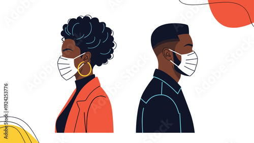 Profiles of a man and a woman of color wearing protective face masks for health and safety awareness campaign.