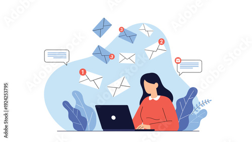 Professional woman working on a laptop surrounded by many unread email envelopes for communication concept.