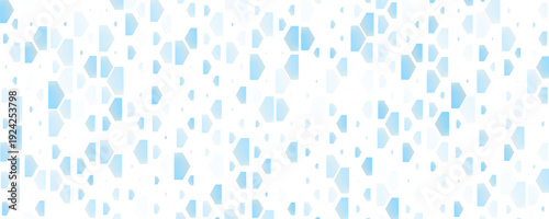 Vector abstract wide panoramic background featuring divided hexagons grid halftone pattern in cool blue tones. Grainy texture adds a modern geometric edge perfect for design, branding and tech visuals