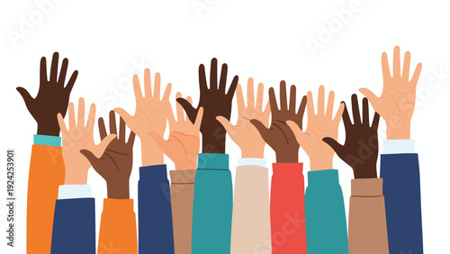 Multiracial group of hands of different skin tones and colorful sleeves reaching up for unity and support.