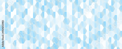 Vector abstract wide panoramic background featuring divided hexagons grid halftone pattern in cool blue tones. Grainy texture adds a modern geometric edge perfect for design, branding and tech visuals