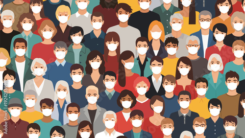 Large group of diverse people all wearing protective white face masks in a public space for safety and health.