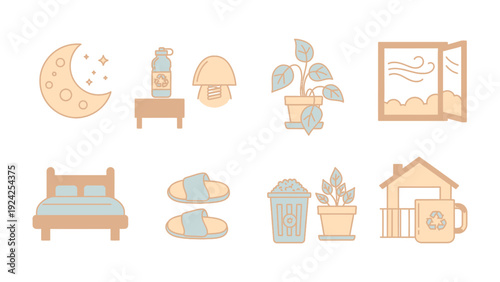 Tranquil Night Scene Icons: An assortment of serene icons featuring a crescent moon, a bedside table with an object, a mushroom, a potted plant, an open window with blowing wind, a bed.