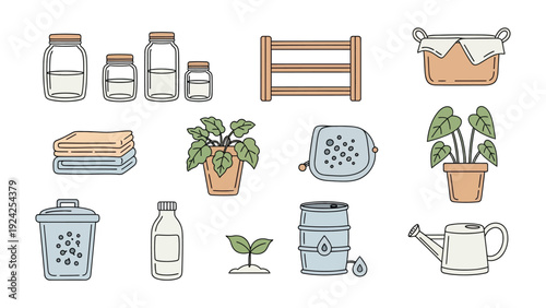 Eco-Friendly Lifestyle Elements: An assortment of elements symbolizing an eco-conscious lifestyle, emphasizing sustainable practices and environmental responsibility. 