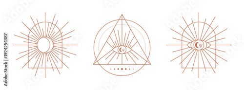 Boho style astrology and tribal symbols set. Minimalist celestial, mystical, and esoteric elements. Abstract esoteric symbols with sun rays, crescent moon, sacred geometry, and decorative arch. Vector