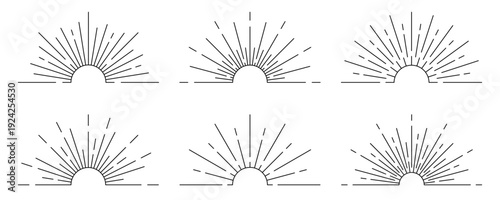 Sunburst rays set in minimalist line art style. Abstract sunrise and radiant sun beam elements with geometric lines and semi circle shapes. Retro sun rays and sunburst design elements. Vector