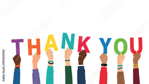 Diverse hands of different skin tones holding up colorful letters that spell thank you for gratitude and support.