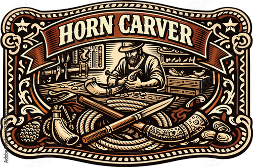 Horn Carver Vintage Artisan Craft Badge EPS