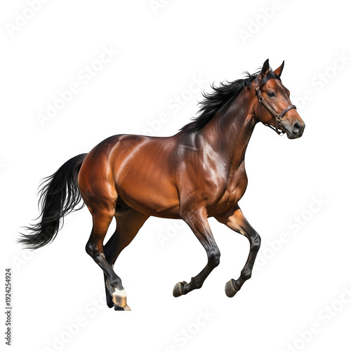 Bay horse galloping on white background, majestic brown stallion in motion, purebred equine animal with black mane and tail, isolated PNG cutout