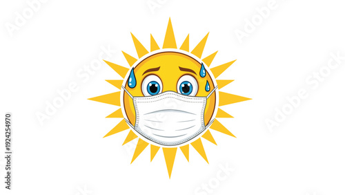 Cartoon sun character wearing a medical face mask and sweating profusely to represent hot weather and health issues.