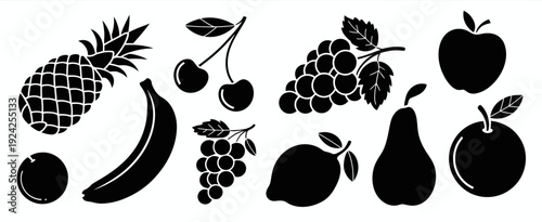 Assorted black and white illustrations of various fruits in a simple line drawing style isolated on white background, Vector, illustration