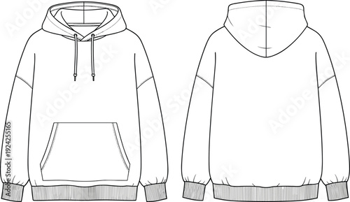Hoodie template vector illustration, front and back view blank hooded sweatshirt mockup with pocket and drawstring design, casual apparel outline isolated on white background