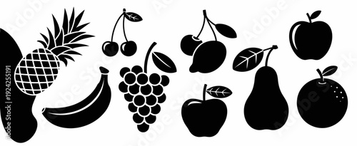 Assorted black and white silhouettes of various tropical and temperate fruits isolated on white background, Vector, illustration