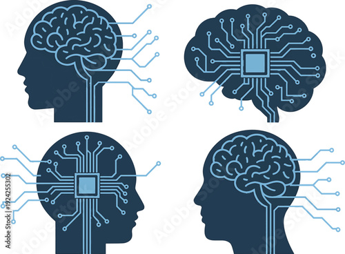 Brain and technology icon set. Includes AI, artificial intelligence, circuit board, human head, and microchip symbols. Created in modern style with blue and white palette.