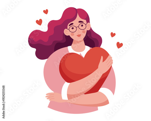 Woman holds heart, a symbol of love and self care. Illustration.