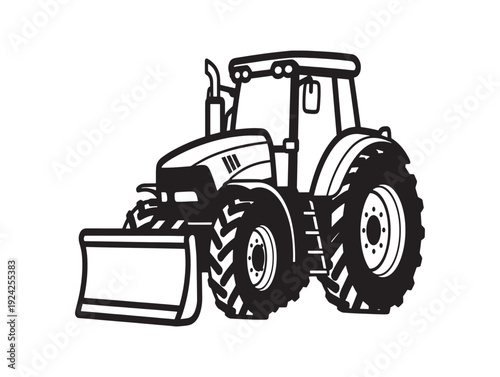 Black and white illustration of a tractor with a front loader
