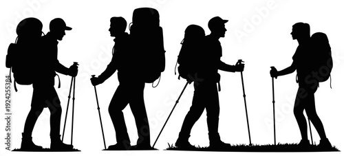 Group of hikers with backpacks and trekking poles on a journey together isolated on white background, Vector, illustration