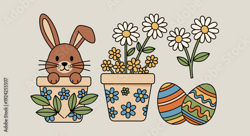 A cute rabbit peeking out of a flower pot alongside decorative pots with flowers and colorful Easter eggs in playful vector style, perfect for spring-themed designs