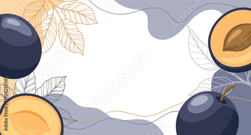 Botanical composition of ripe plums with leaves on an abstract background. Card, banner, poster.