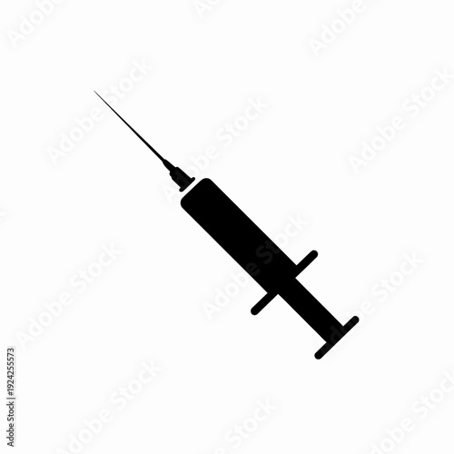 Black and white illustration of a syringe with needle pointing upwards isolated on white background, Vector, illustration
