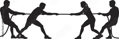 Four individuals collaboratively pulling a unified rope in teamwork demonstration. isolated on white background, Vector, illustration