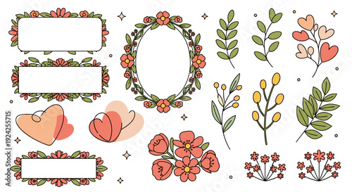 A collection of floral elements, hearts, and decorative frames in colorful hand-drawn vector style, ideal for wedding invitations and greeting cards
