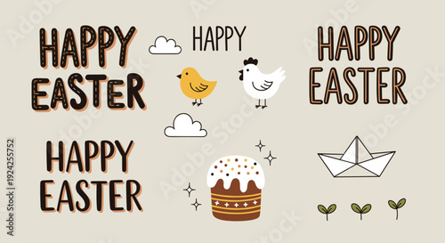 A festive Easter illustration featuring cheerful elements like cute chicks, cakes, and decorative text in a playful minimalist vector style, ideal for holiday greetings and designs