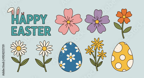 A festive Easter illustration featuring colorful flowers and decorated eggs in a modern flat vector style, perfect for holiday greetings and decorations