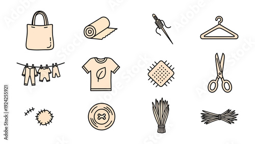 Eco-friendly Textile Icons: An array of minimalist icons embodies sustainability, from a reusable shopping bag to fabrics and a garment, inviting eco-conscious crafting and design.