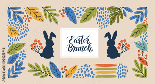 A festive Easter brunch illustration featuring playful bunnies and colorful floral elements in a whimsical vector style, ideal for event invitations and decorations