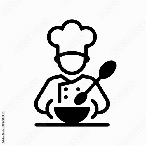 Chef stirring a bowl of food with a ladle in a kitchen setting isolated on white background, Vector, illustration