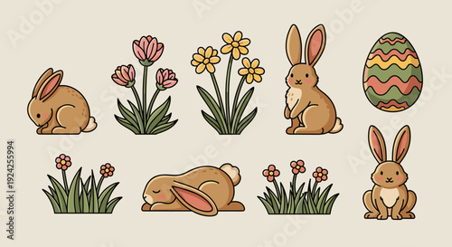 A set of cute rabbits, flowers, and a decorated Easter egg in pastel vector style, perfect for spring-themed designs