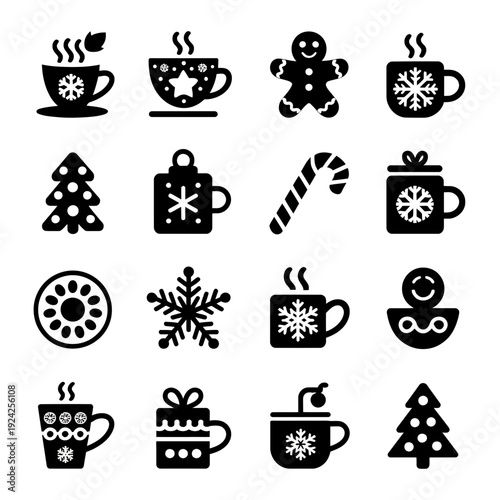 Black and white icons representing various coffee and beverage-related items isolated on white background, Vector, illustration