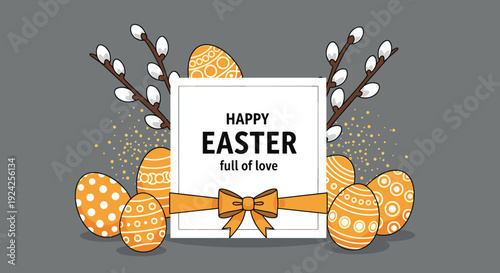 A festive Easter greeting card design featuring decorated eggs and willow branches in colorful vector style, ideal for holiday celebrations