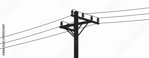 Utility pole with electrical transformers and power lines against a clear sky isolated on white background, Vector, illustration